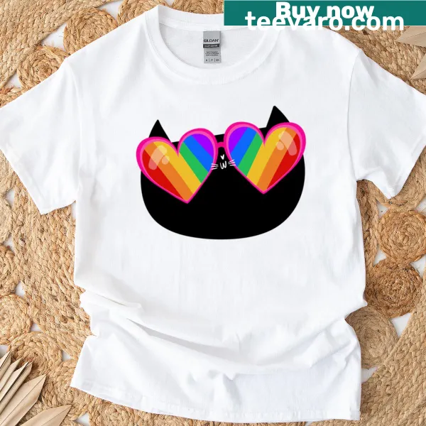 Illustration of a cute cat wearing rainbow sunglasses on a T-shirt