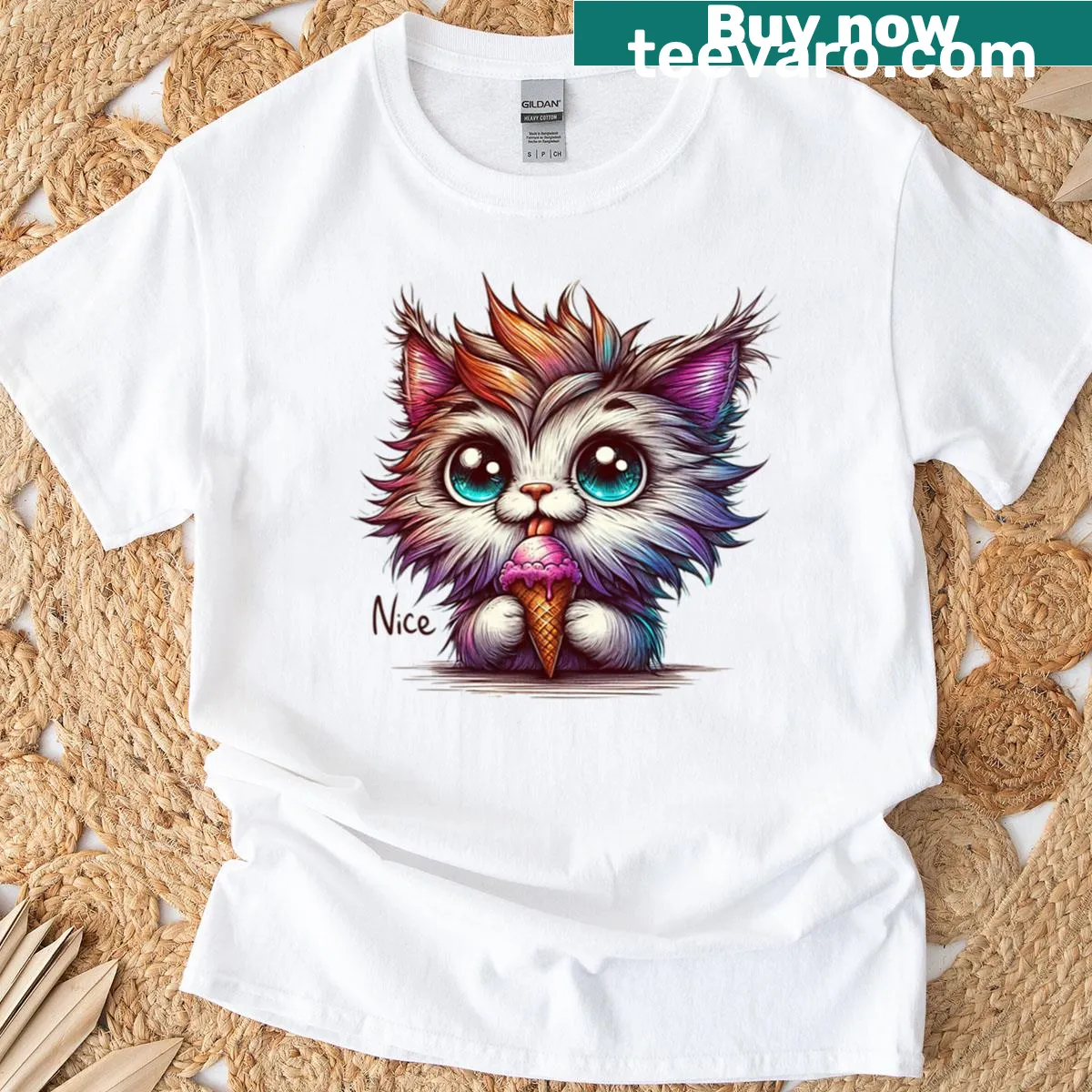 Chibi cat with big eyes and ice cream illustration on a T-shirt — on a men's t-shirt