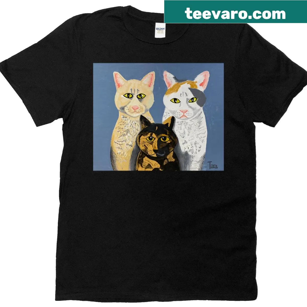 Charming t-shirt with an array of cute kitty illustrations, expressing feline joy — on a men's t-shirt