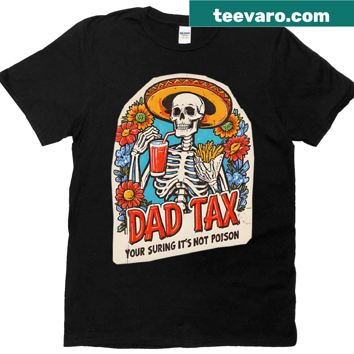 T-shirt featuring the phrase 'Dad Tax Patrol: Taco Mood On' in fun typography — on a men's t-shirt