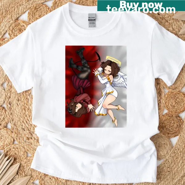 Illustration of a demon and angel on a fantasy-themed T-shirt