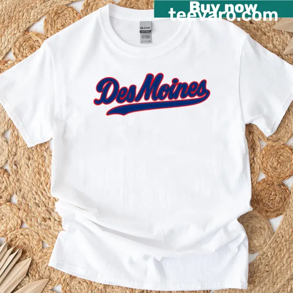 Retro script design of Des Moines Iowa on a T-shirt