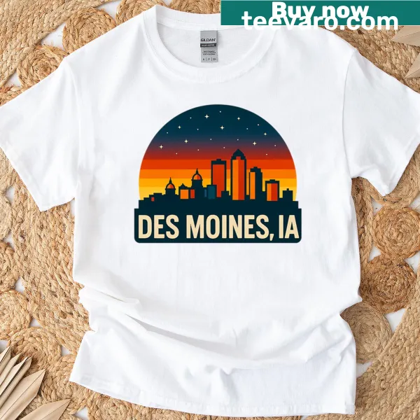 Retro sunset skyline graphic of Des Moines, Iowa on a T-shirt