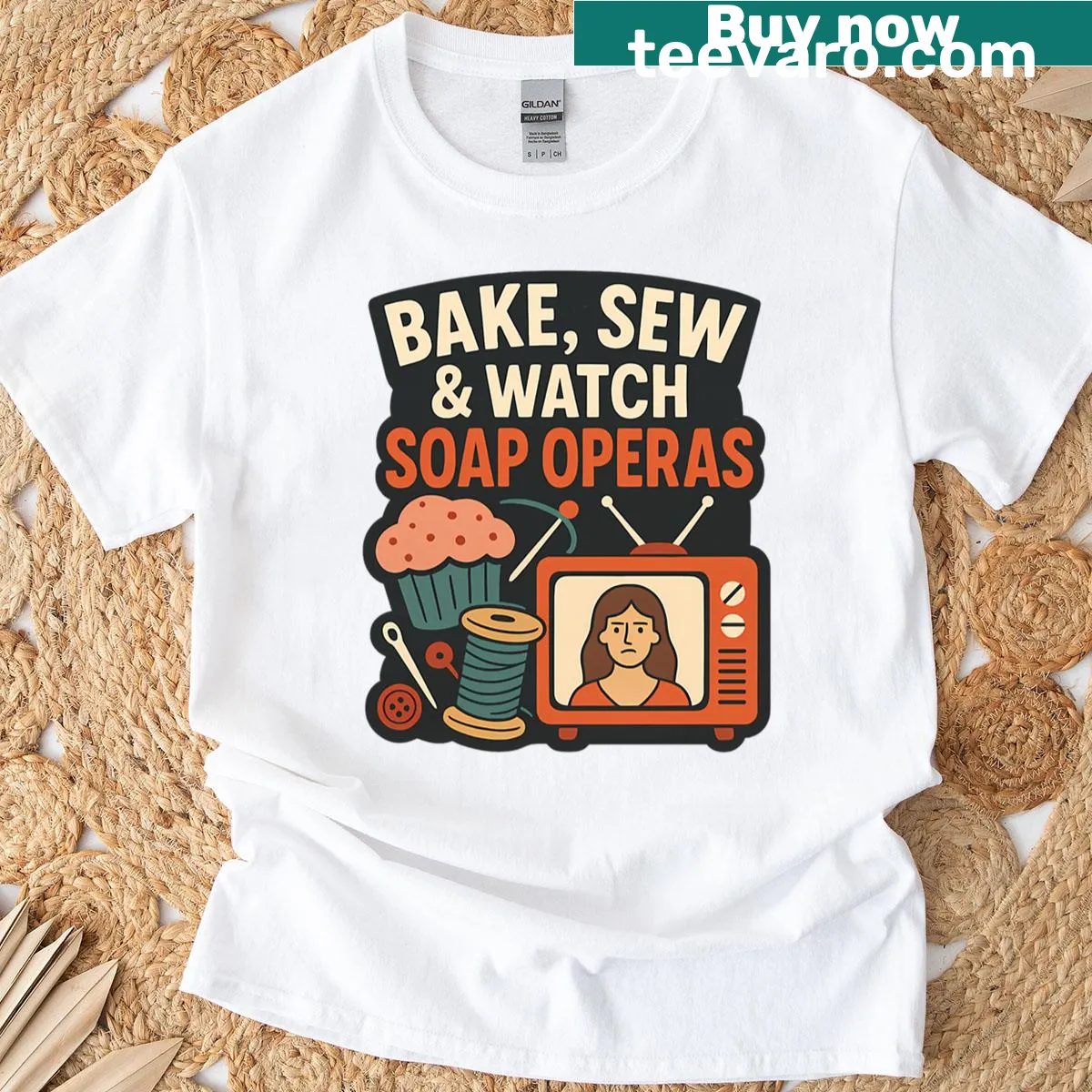 Cute graphic design representing baking, sewing, and soap operas — on a men's t-shirt