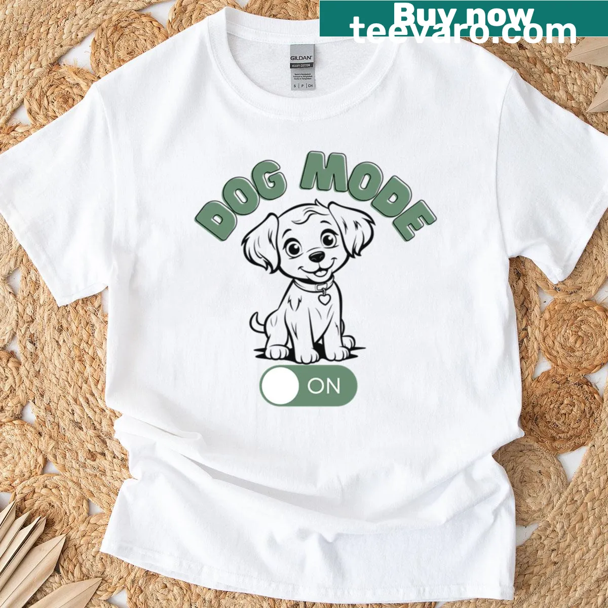 Cute puppy cartoon T-shirt with 'Dog Mode On' graphic. — on a men's t-shirt