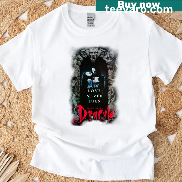 Illustrated T-shirt featuring a Dracula graphic for horror fans.