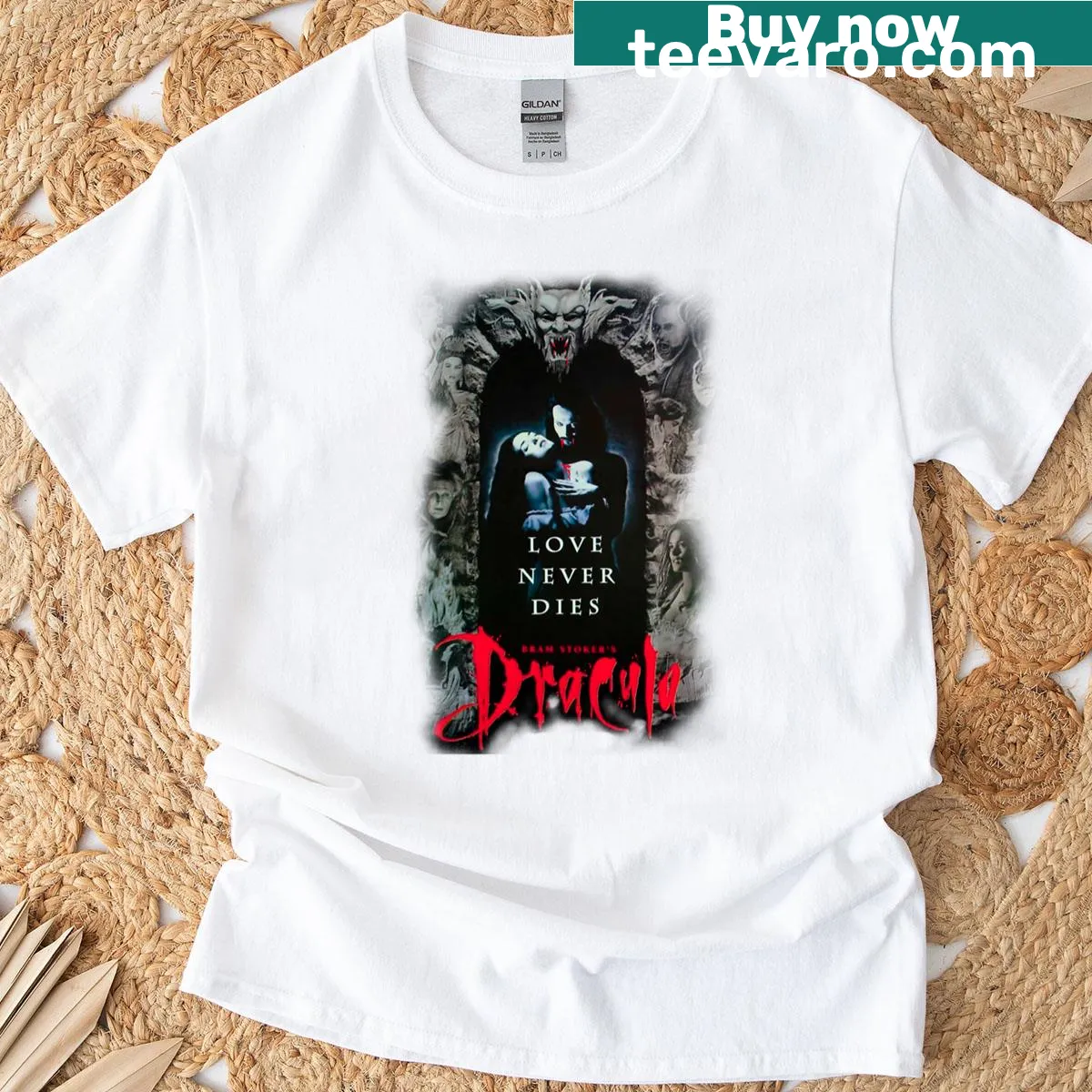 Illustrated T-shirt featuring a Dracula graphic for horror fans. — on a men's t-shirt