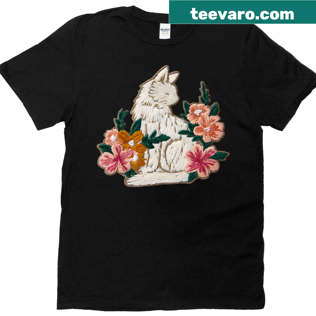 Cozy t-shirt with embroidered cat floral pattern and vintage stitch design — on a men's t-shirt