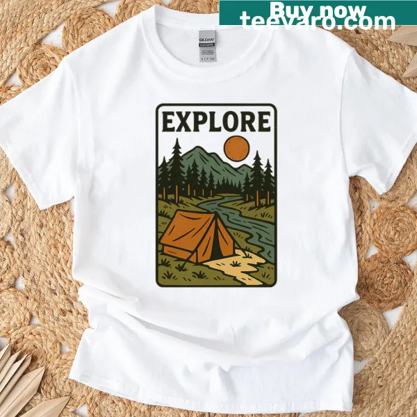 Nature-themed t-shirt with camping adventure illustration
