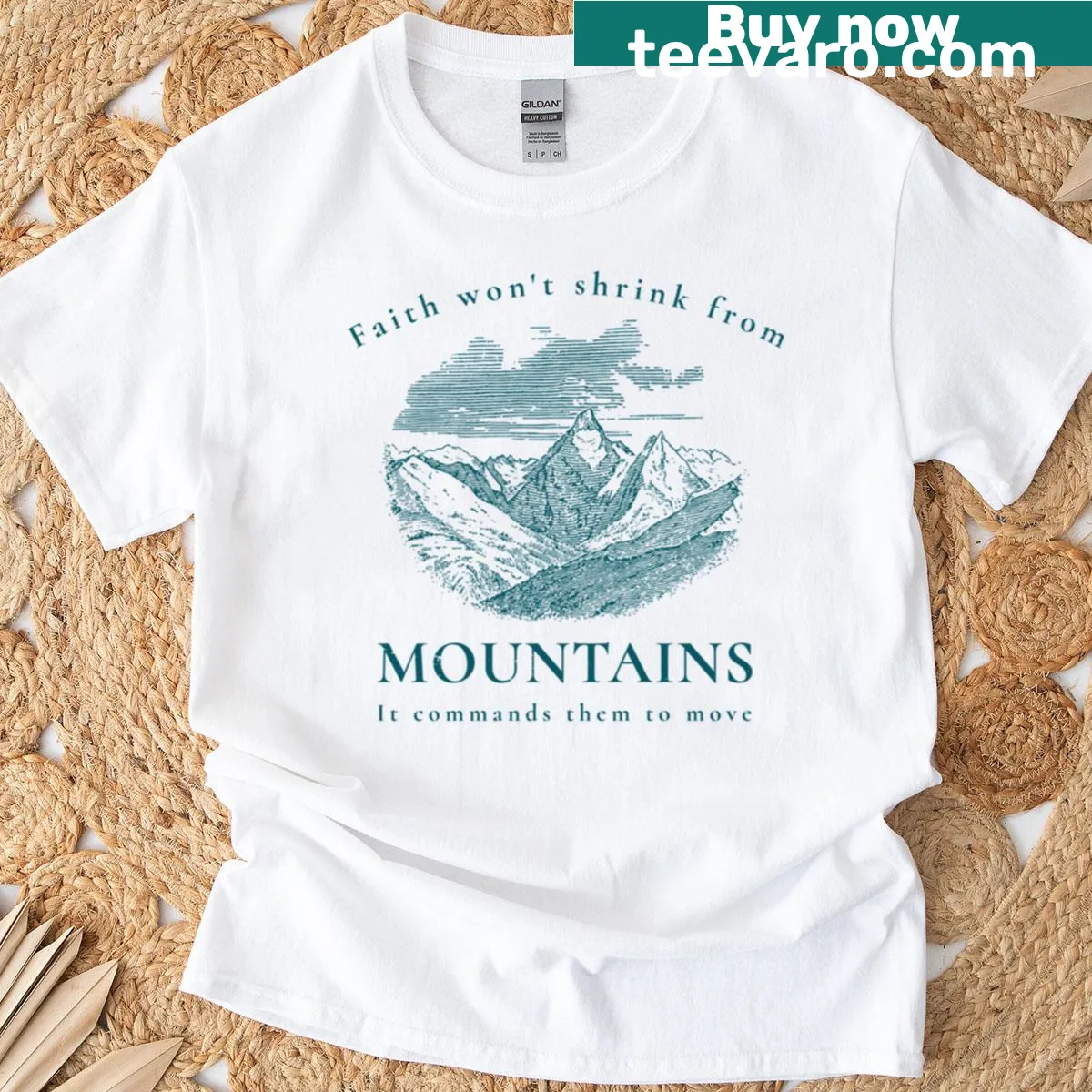 Inspirational typography T-shirt with a faith-based message about overcoming challenges — on a men's t-shirt