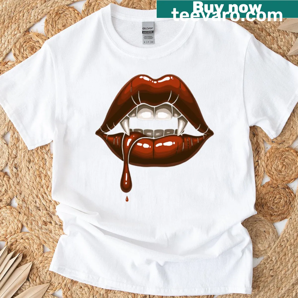 Illustration of fangs and lips for a Dracula-themed shirt — on a men's t-shirt