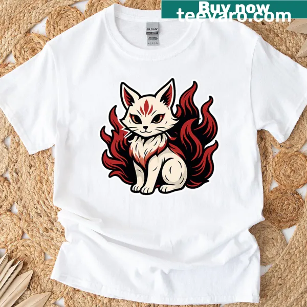 Whimsical anime cat illustration T-shirt for fantasy lovers.