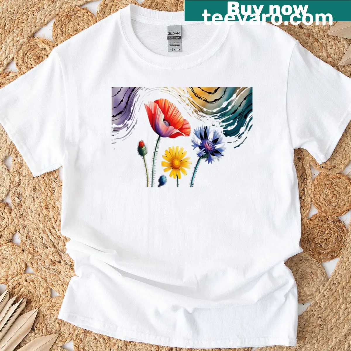 Floral design T-shirt featuring various flowers — on a men's t-shirt