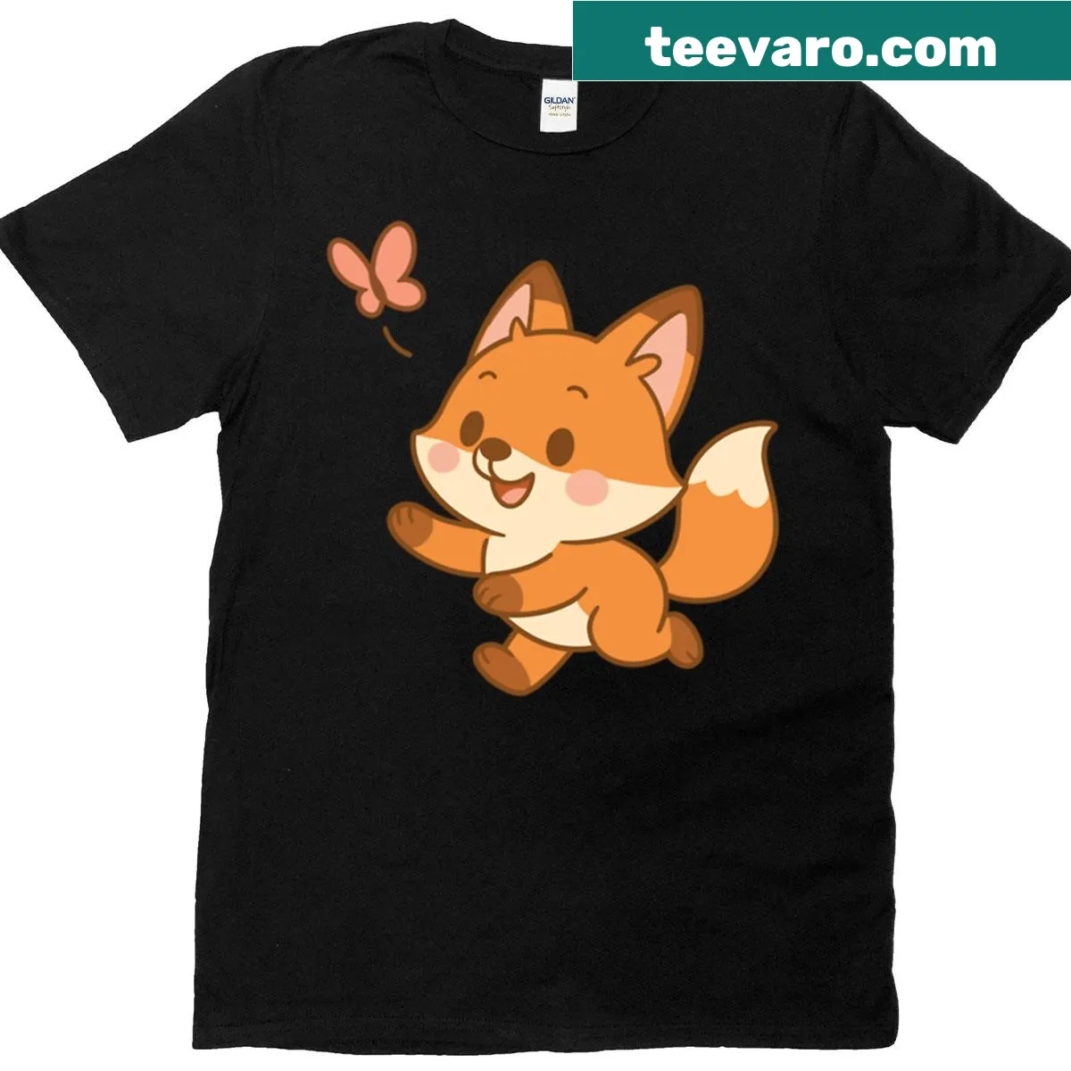 Illustration of a baby fox chasing a butterfly on a t-shirt — on a men's t-shirt