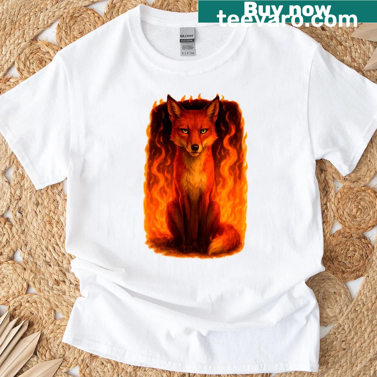 Artistic depiction of a fox in flames on T-shirt. — on a men's t-shirt