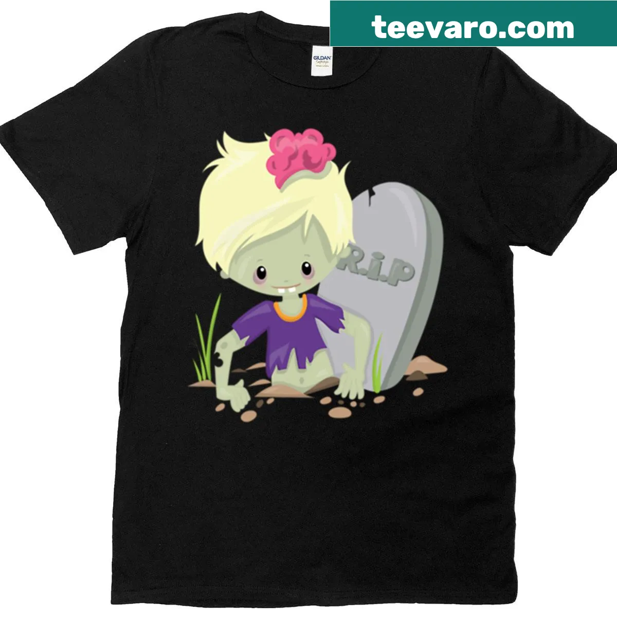 Cartoon of a friendly zombie child emerging from a grave — on a men's t-shirt
