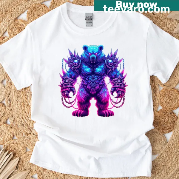Illustrative T-shirt design of a fierce bear with spikes and neon elements