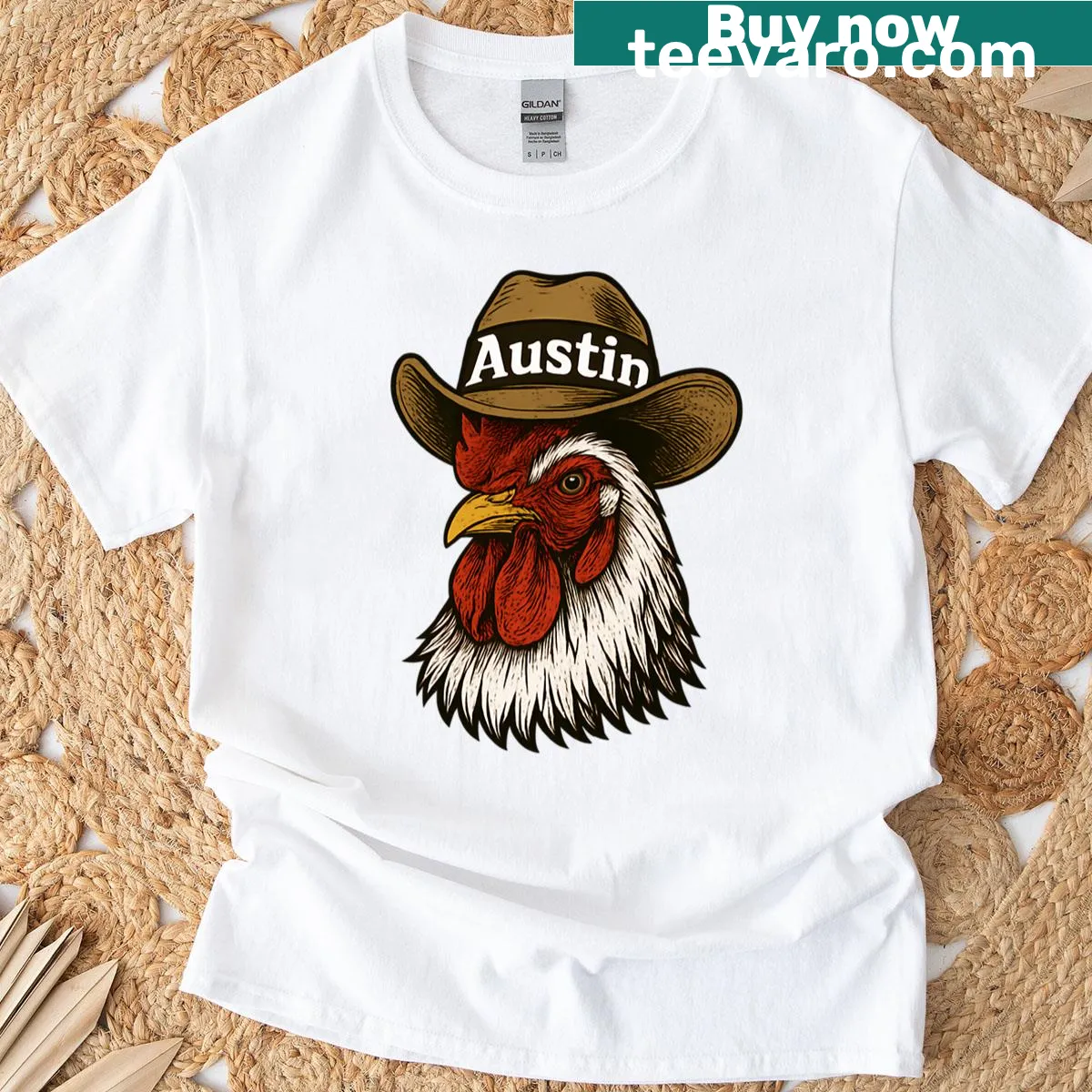 Humorous T-shirt featuring a chicken with a cowboy hat. — on a men's t-shirt