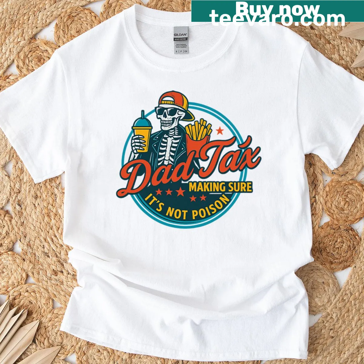 Skeleton design T-shirt with 'Dad Tax' humorous text — on a men's t-shirt