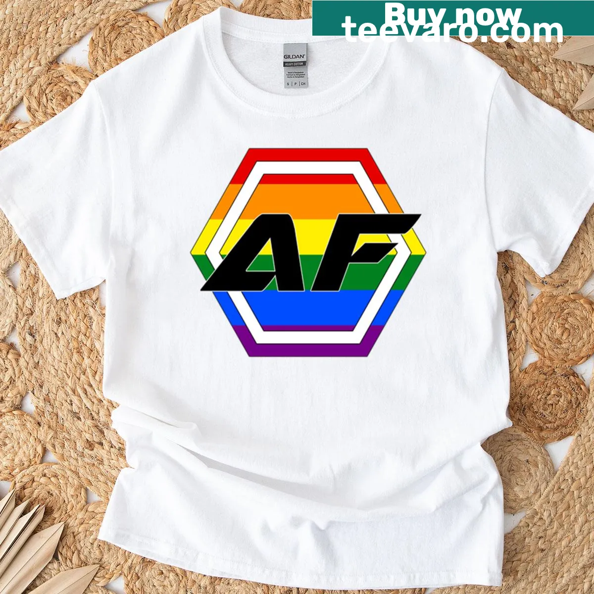Black text Gay Pride t-shirt with bold lettering — on a men's t-shirt
