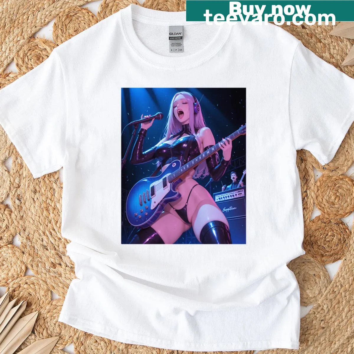 T-shirt featuring an illustration of a girl singer with a guitar — on a men's t-shirt
