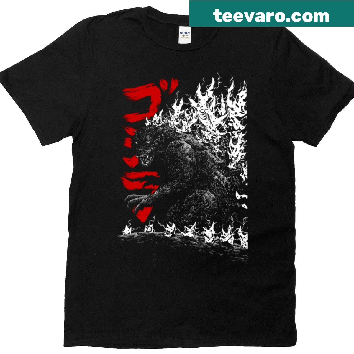 Illustration of Gojira with a fierce expression on a T-shirt — on a men's t-shirt
