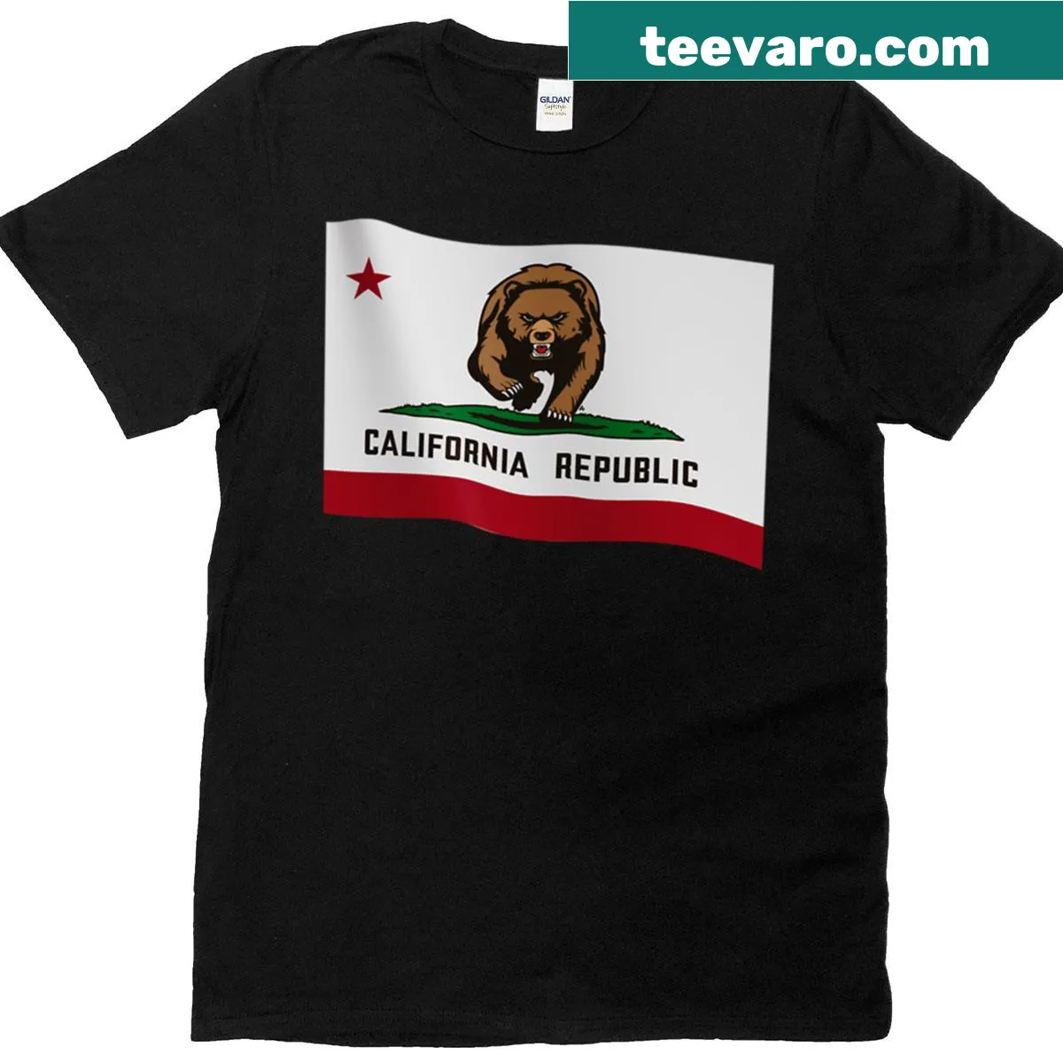 Bold California warning flag design on T-shirt — on a men's t-shirt