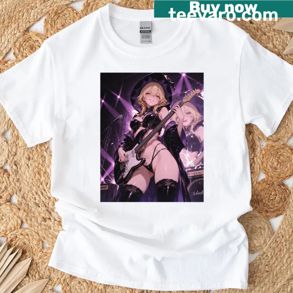 Goth anime girl with guitar illustrated graphic t-shirt