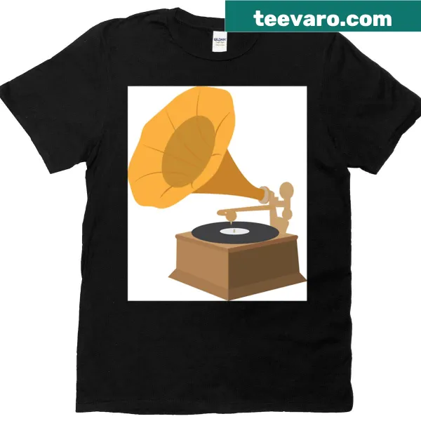 Illustrated gramophone design on a t-shirt, showcasing vintage music culture