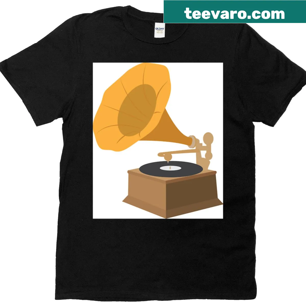 Illustrated gramophone design on a t-shirt, showcasing vintage music culture — on a men's t-shirt