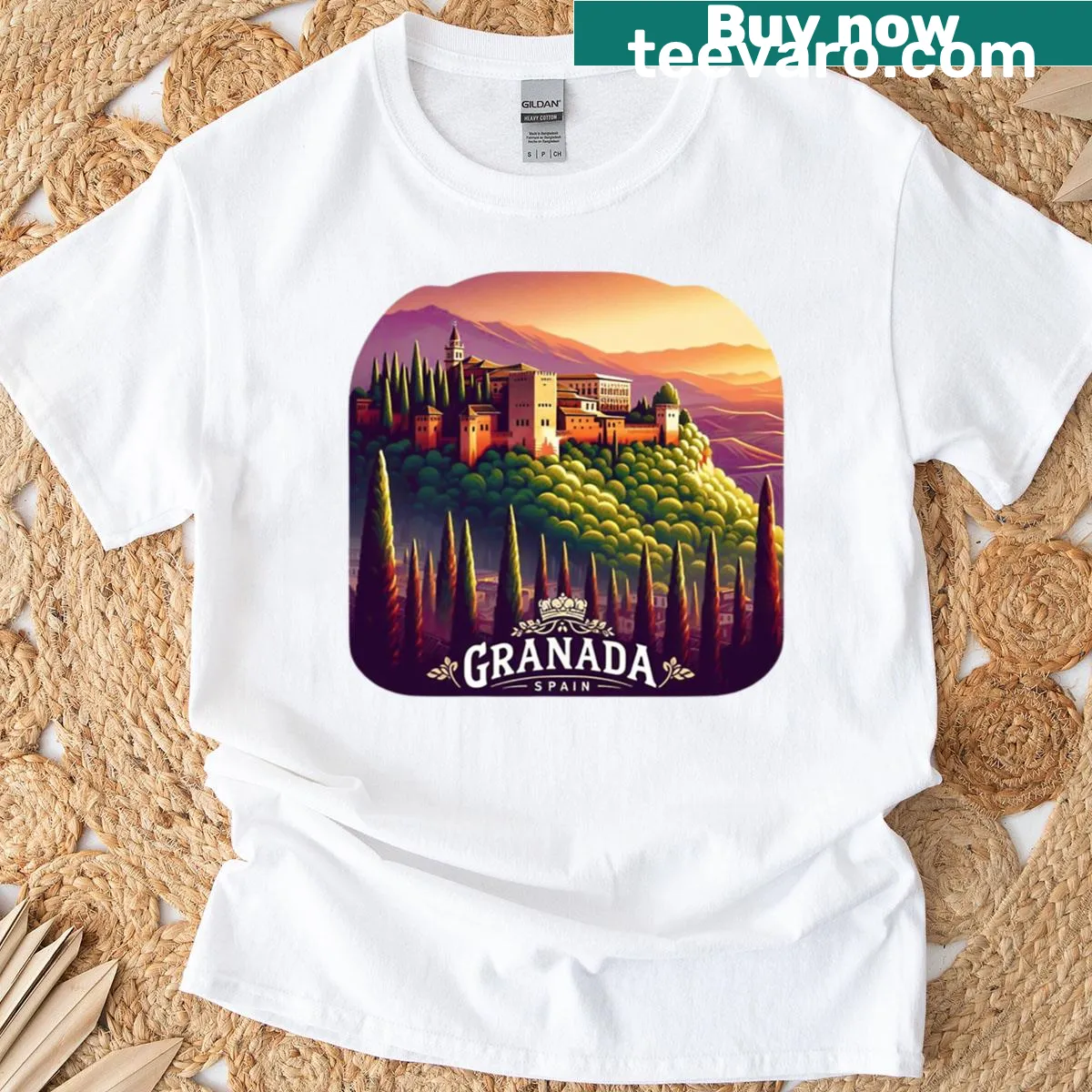 Illustration of Alhambra Palace in Granada, Spain on a T-shirt. — on a men's t-shirt