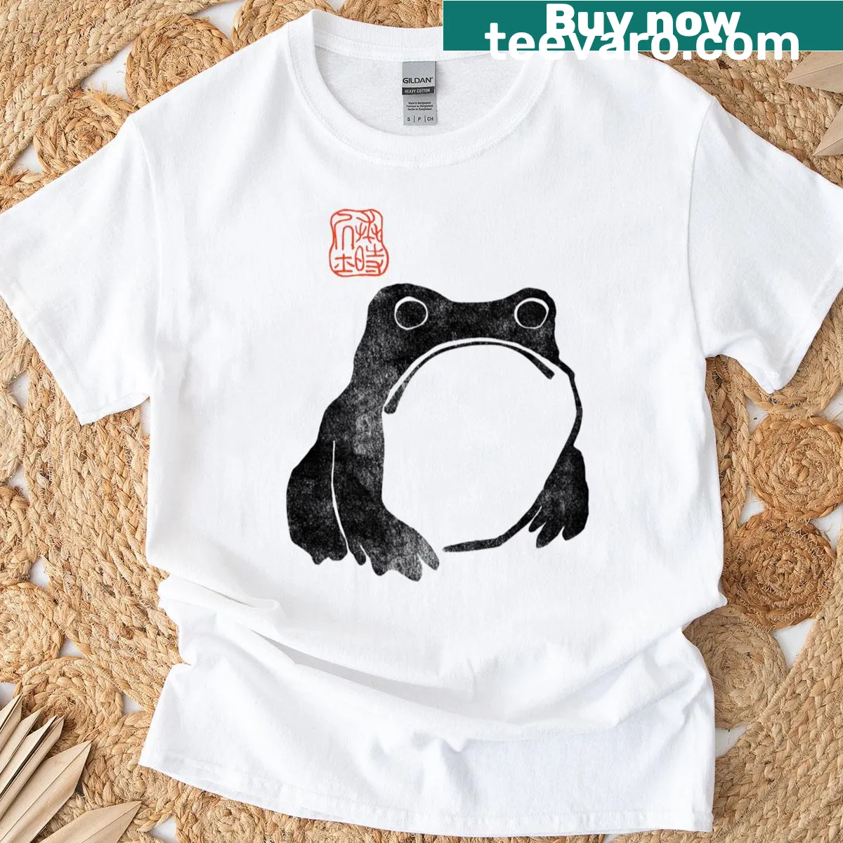 Cute grumpy frog graphic on a fun Japanese t-shirt — on a men's t-shirt