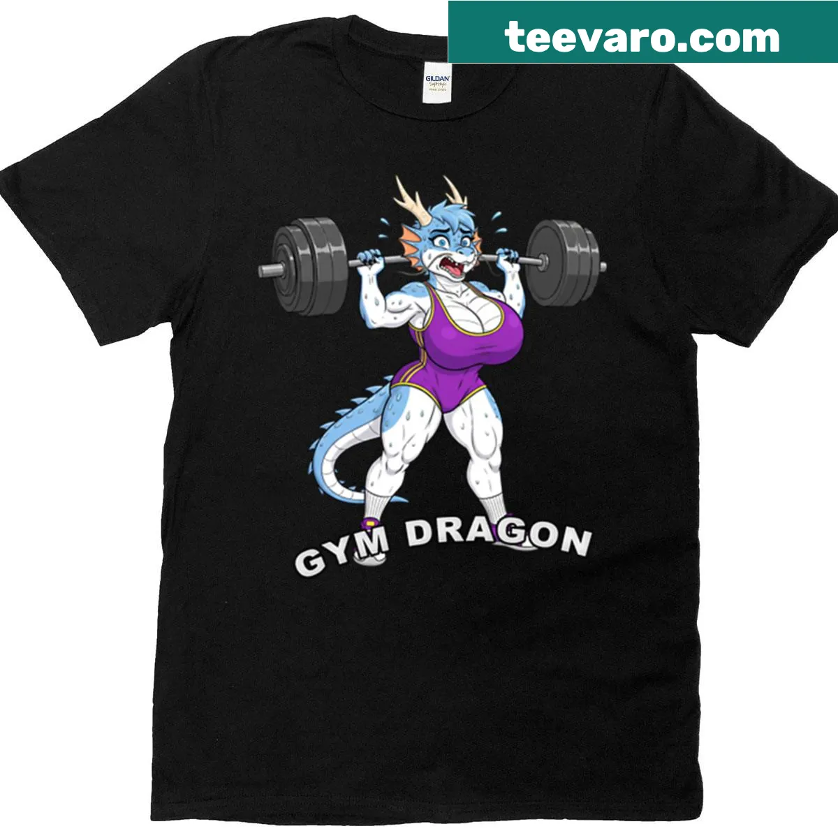 T-shirt featuring playful illustration of a gym dragon girl — on a men's t-shirt