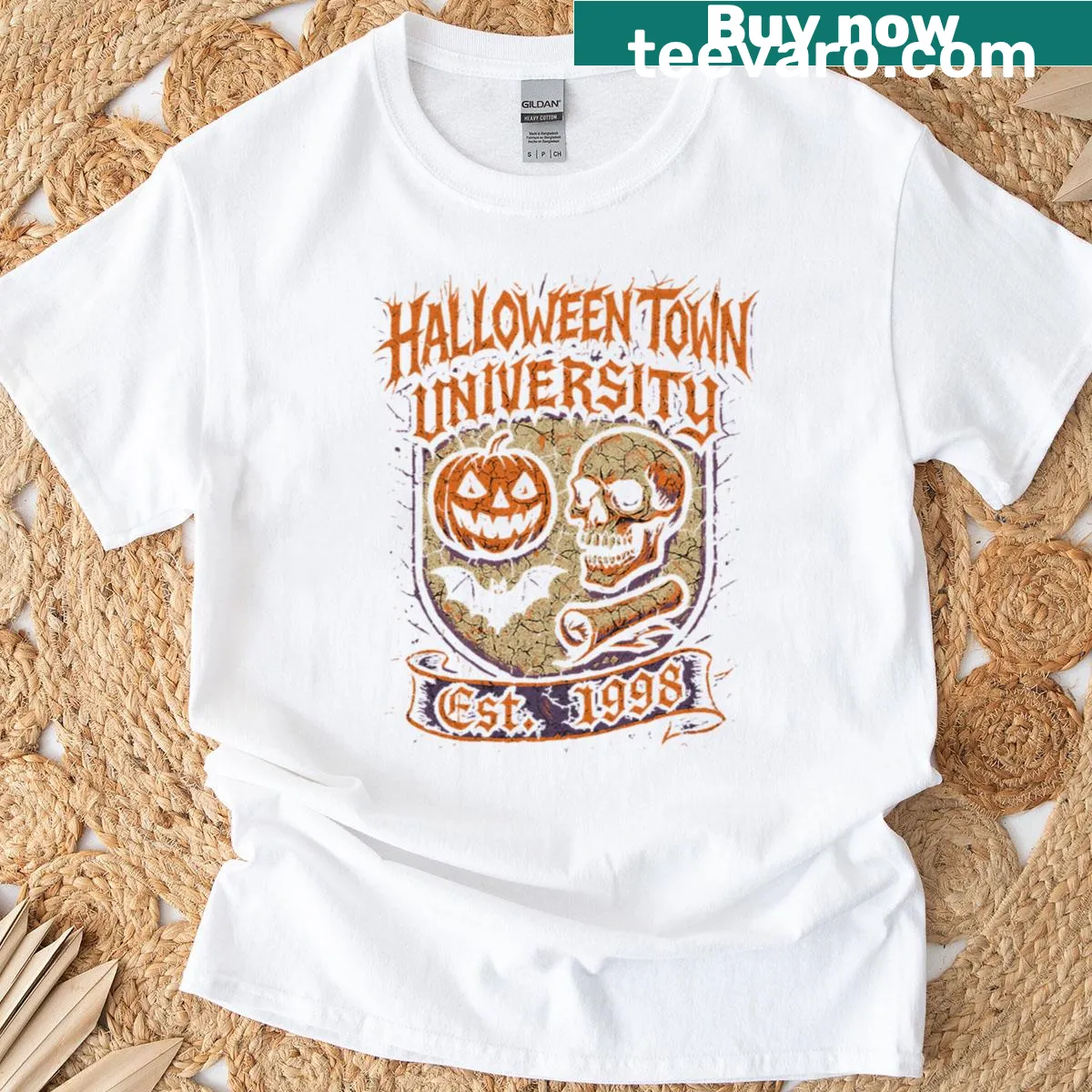 Vintage-style Halloween Town University graphic on a T-shirt — on a men's t-shirt