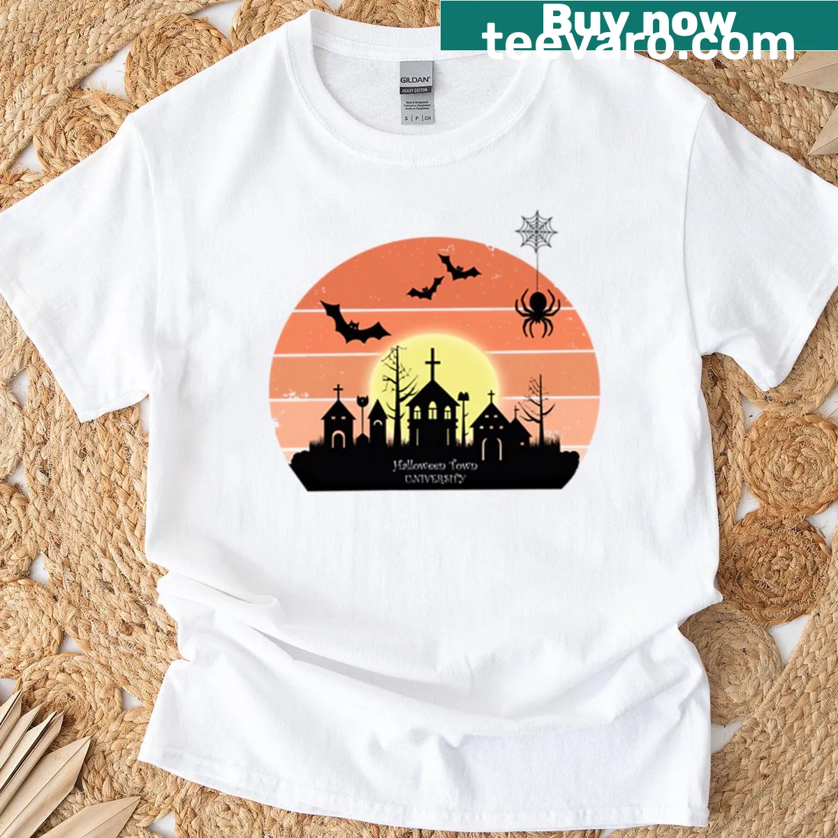 Vintage Halloween Town University T-shirt with spooky graphic — on a men's t-shirt