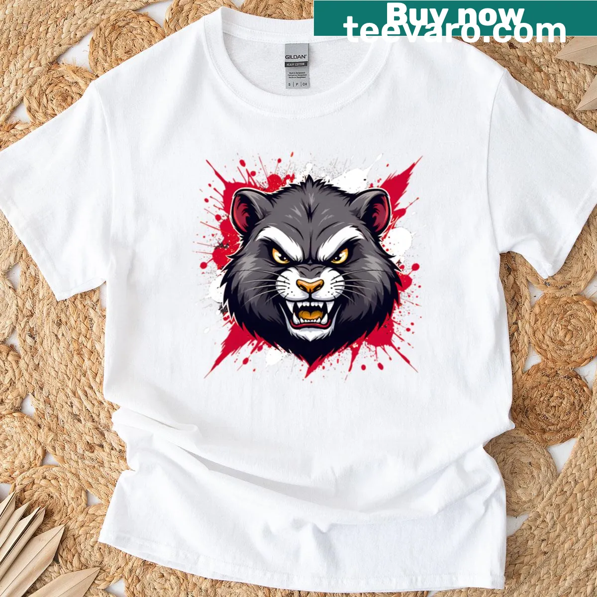 Illustration of a hamster with red splash design on a T-shirt — on a men's t-shirt