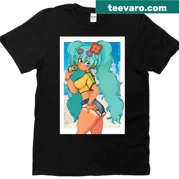 Cartoon-style Hatsune Miku graphic on a t-shirt
