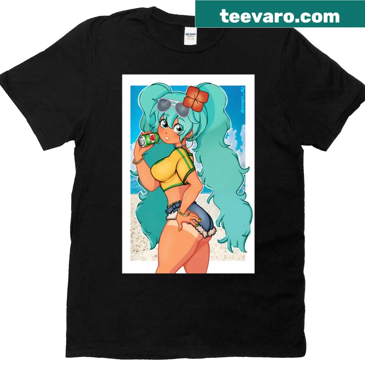 Cartoon-style Hatsune Miku graphic on a t-shirt — on a men's t-shirt