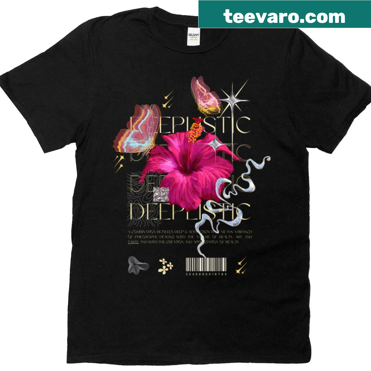 Floral collage t-shirt with hibiscus and butterflies design — on a men's t-shirt