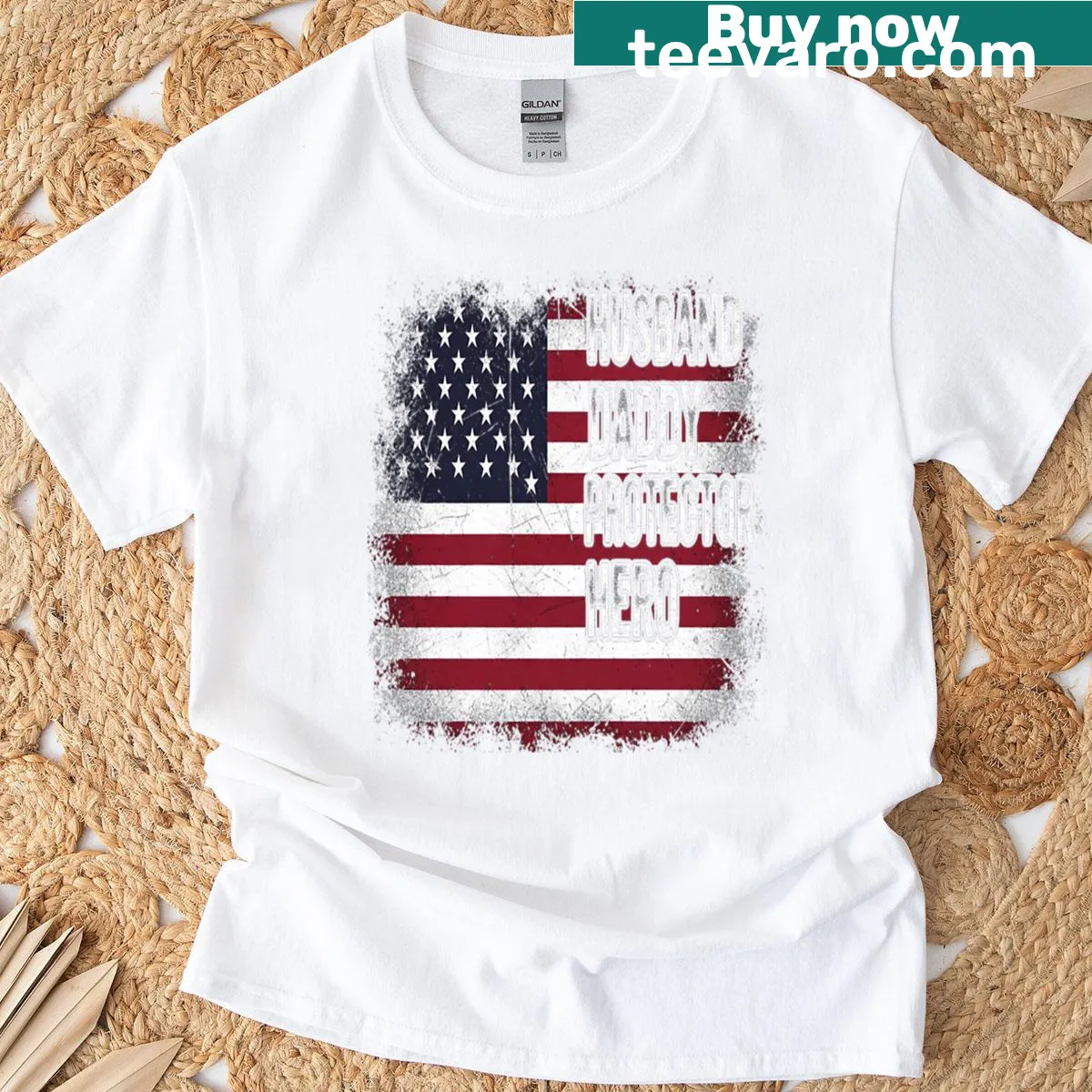 Patriotic T-shirt with 'Husband Daddy Protector Hero' text and American flag — on a men's t-shirt