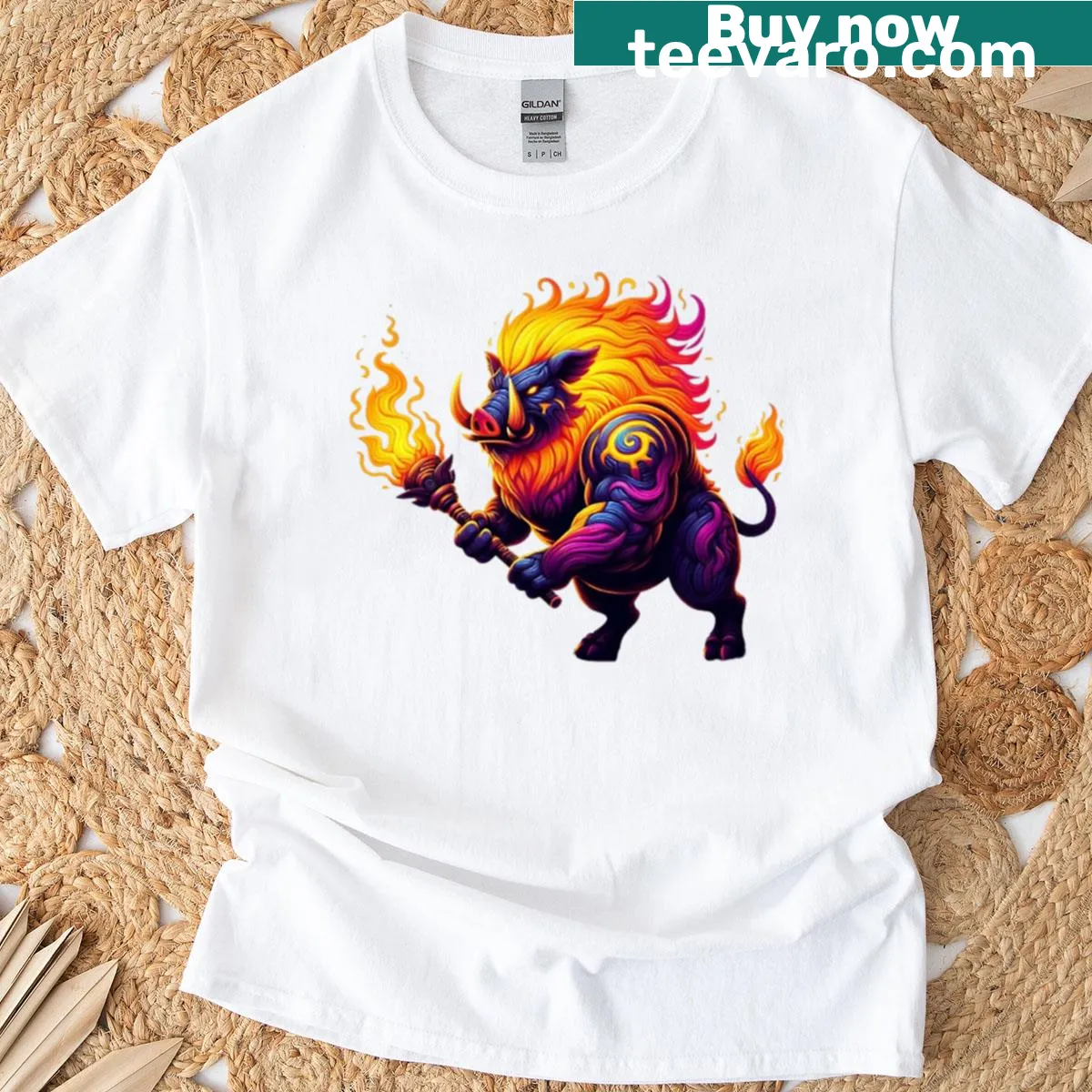 Flaming Ignis Boar Warlord illustration t-shirt — on a men's t-shirt