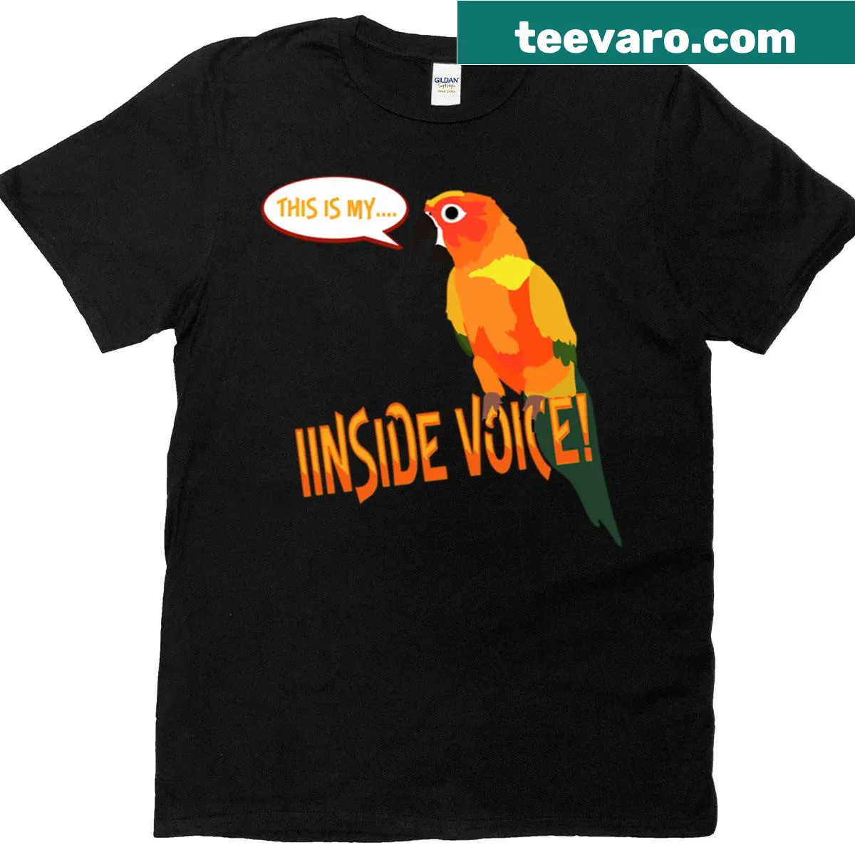 Cartoon sun conure graphic with humorous text on a t-shirt — on a men's t-shirt