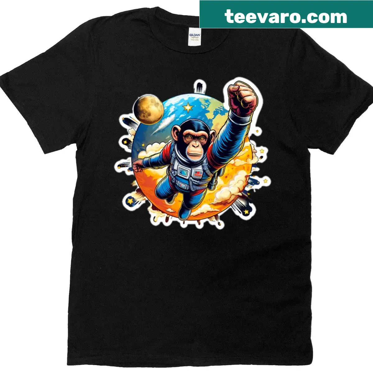 Illustration of rockets and planets on a space-themed T-shirt. — on a men's t-shirt