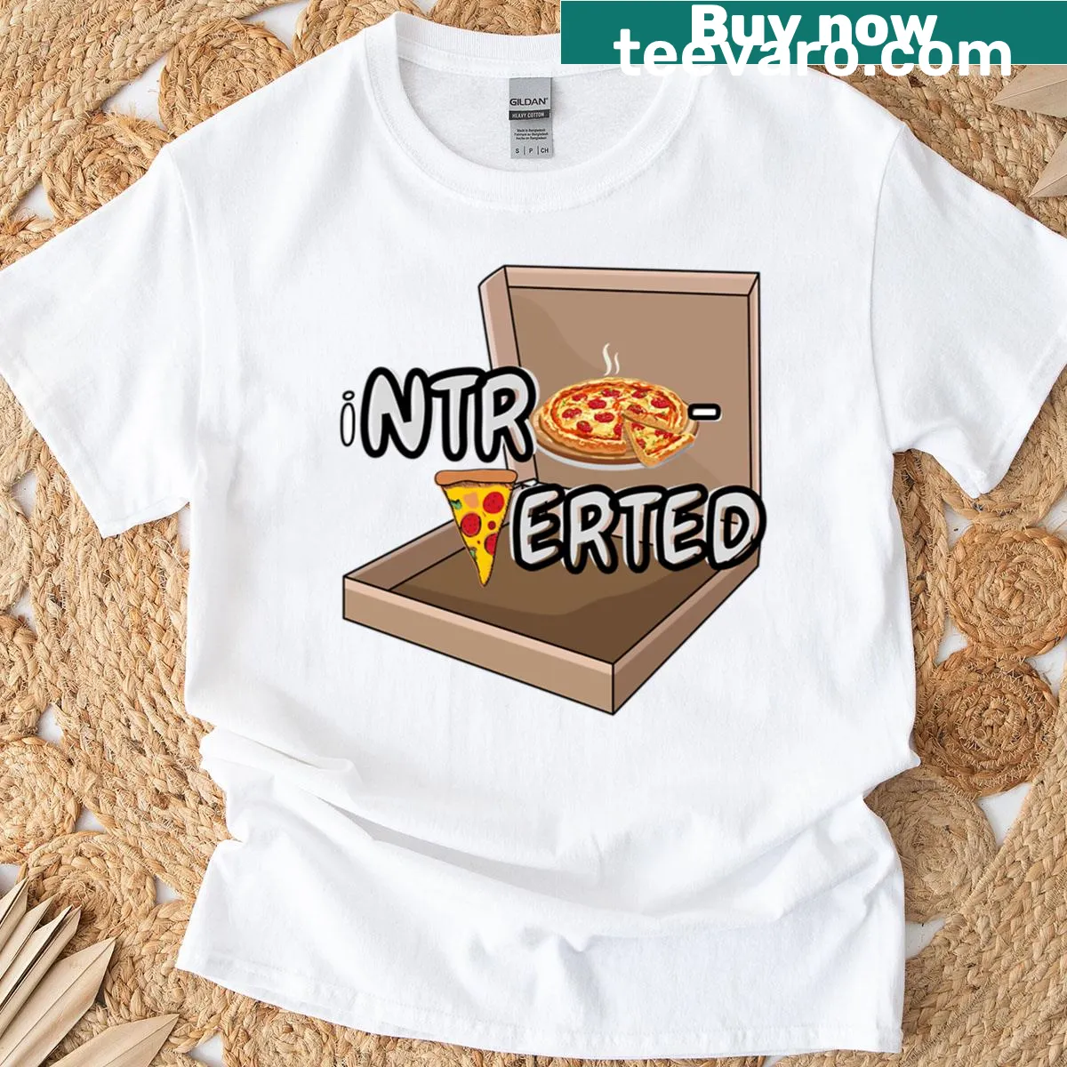Cartoon-style T-shirt for introverted pizza lovers featuring pizza graphic — on a men's t-shirt