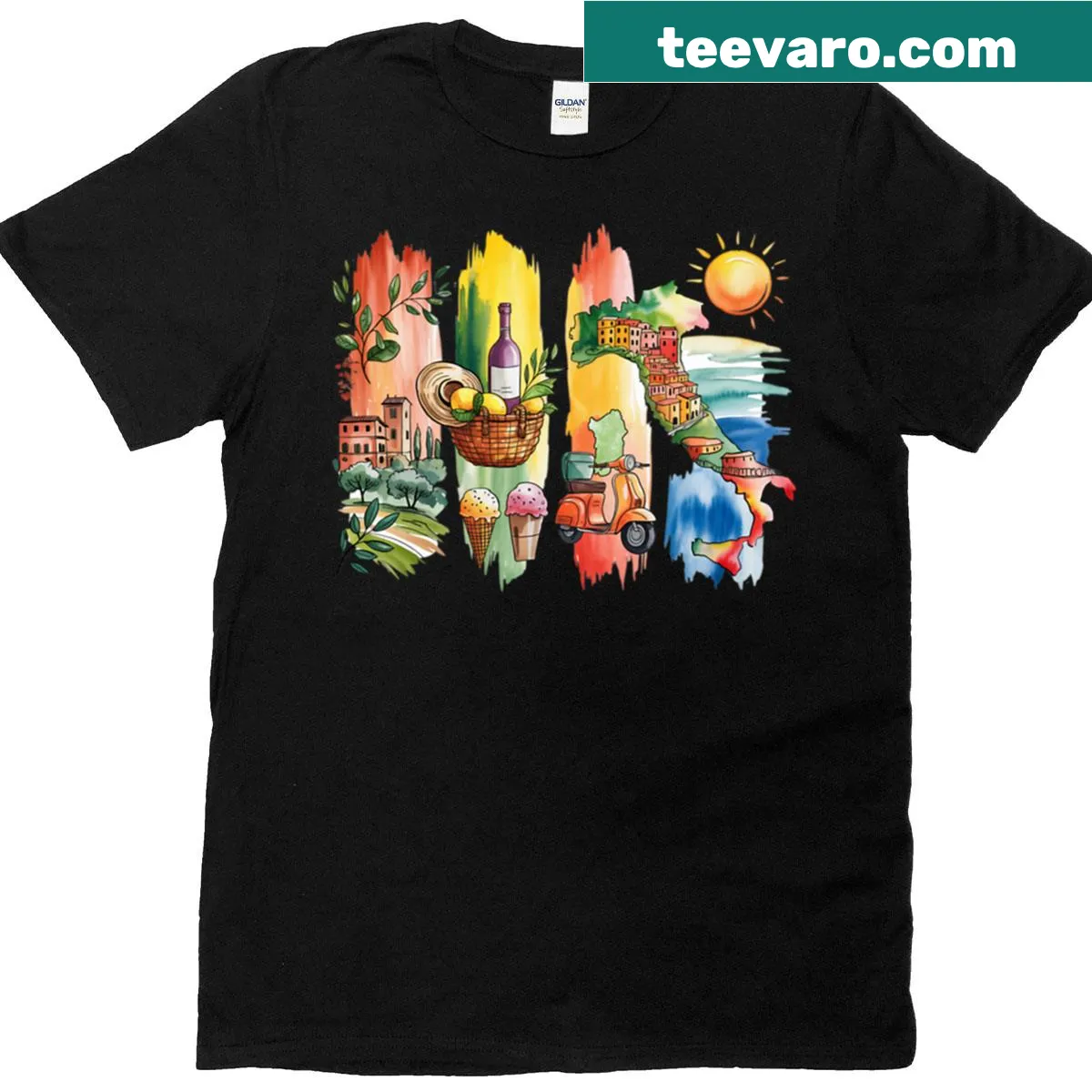 Collage illustrating Italian landmarks with brushstrokes and 'Love Italia' text — on a men's t-shirt