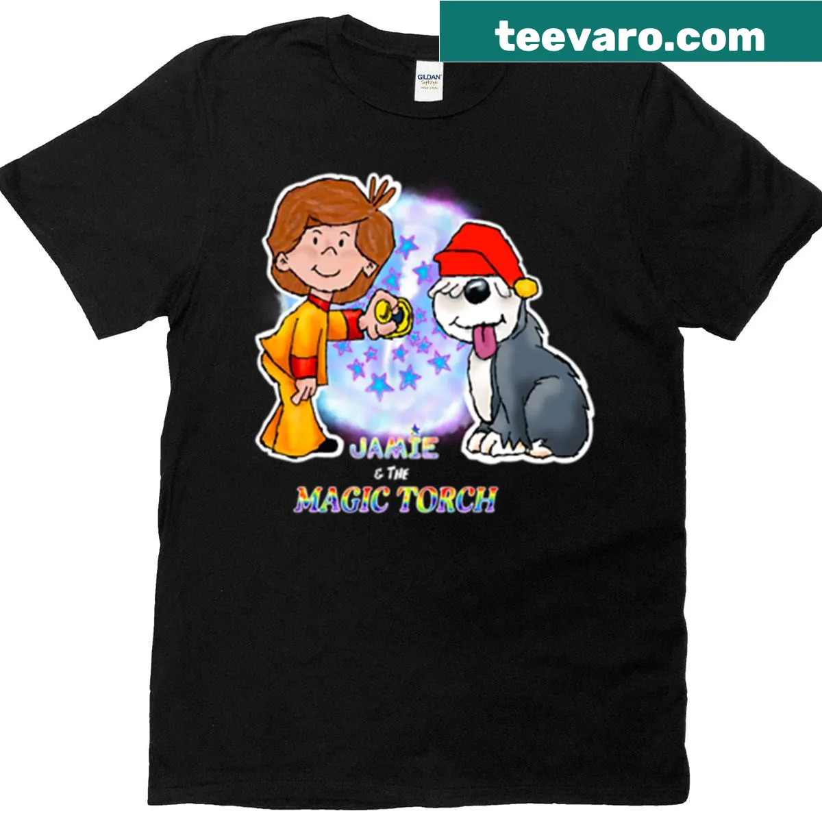 Whimsical T-shirt featuring Jamie the magic torch character. — on a men's t-shirt