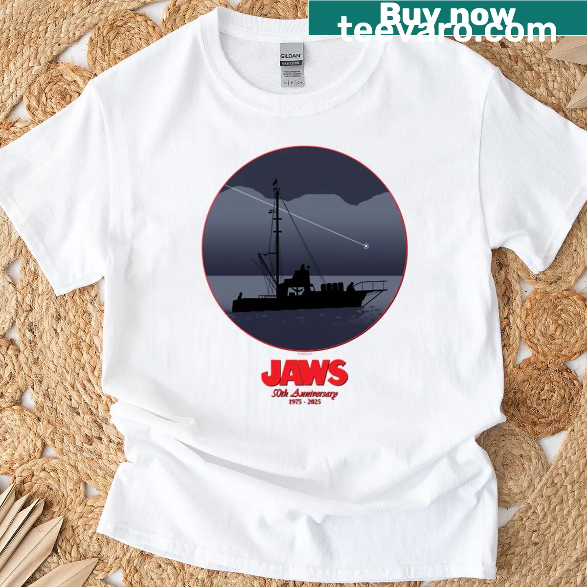 Shooting star design commemorating Jaws 50th anniversary on T-shirt. — on a men's t-shirt