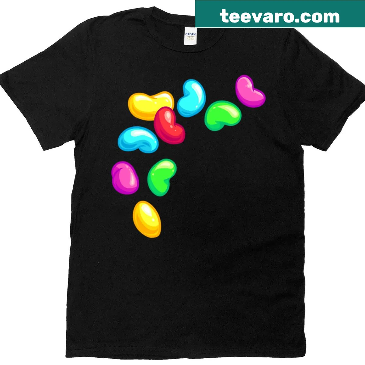 Cartoon-style T-shirt featuring colorful jellybean graphics — on a men's t-shirt