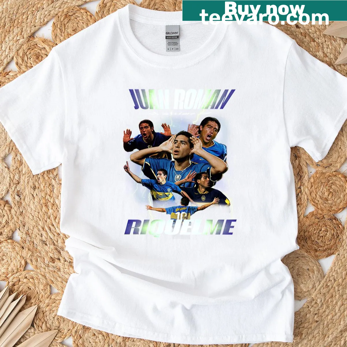 Retro poster design of Juan Román Riquelme Boca Juniors on a T-shirt — on a men's t-shirt