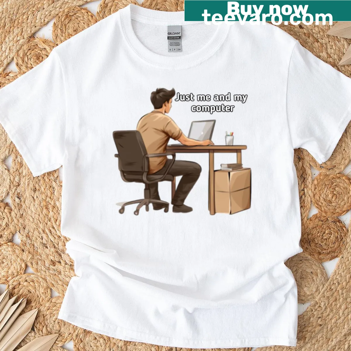 T-shirt with the phrase 'Just Me And My Computer' in a playful font. — on a men's t-shirt